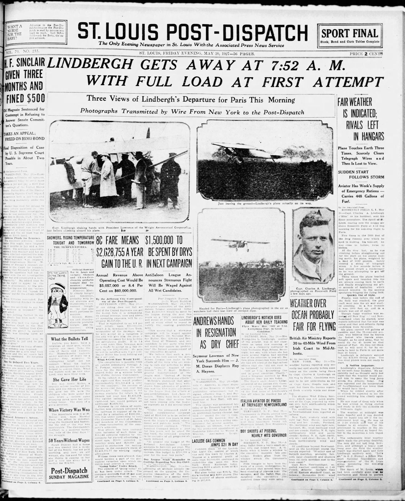 May 20, 1927 - Lindbergh Gets Away At 7:52 a.m.
